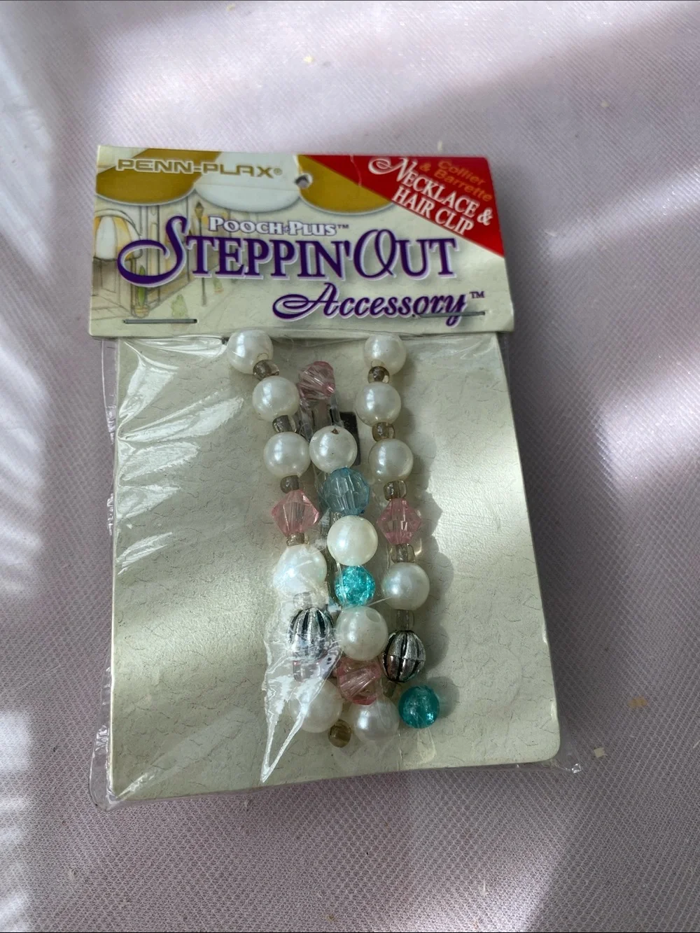 Steppin' Out Beaded Necklace & Hair Clip Accessory - Pink, Blue, Pearl for dogs
